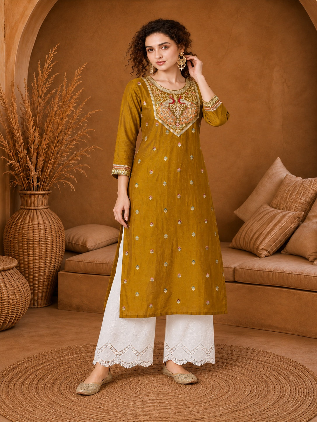 Mustard Twin Peacock Zari Embroidered Silk Kurta