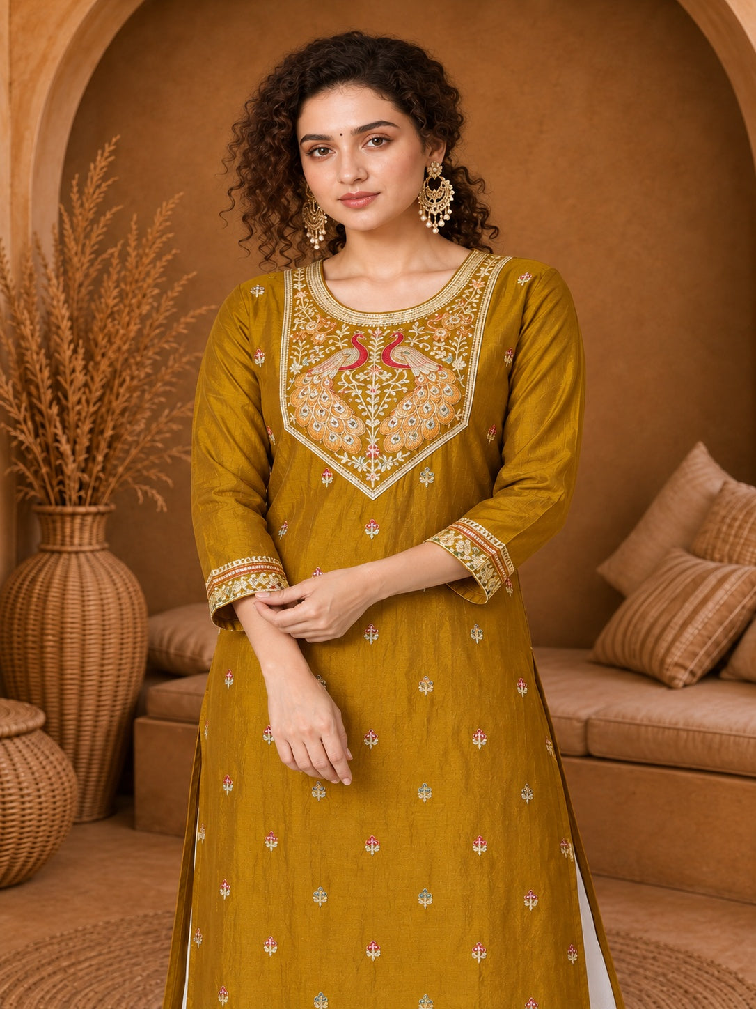 Mustard Twin Peacock Zari Embroidered Silk Kurta