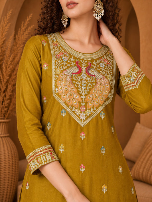 Mustard Twin Peacock Zari Embroidered Silk Kurta