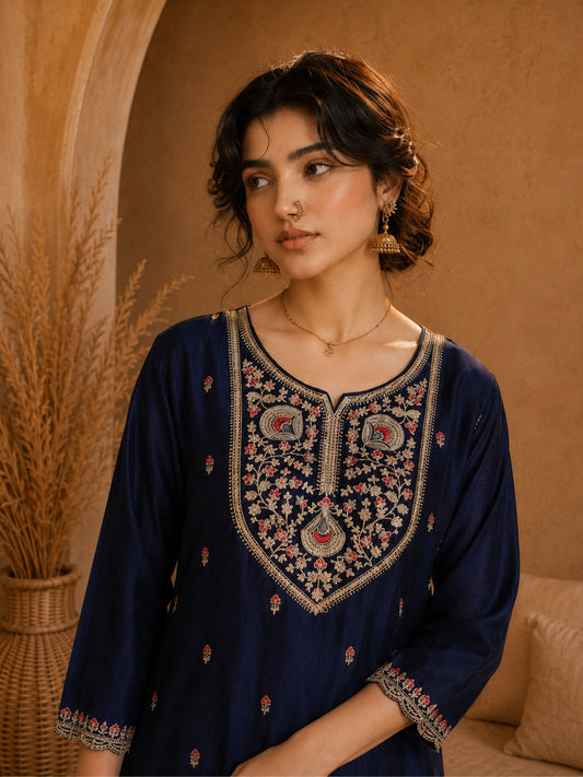 Blue Heritage Zari Yoke Silk Kurta