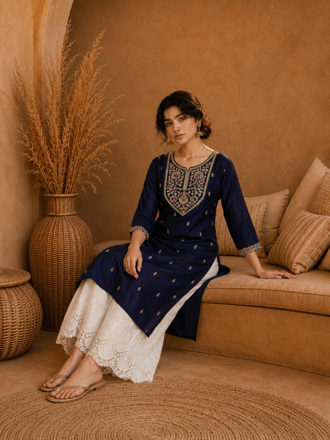 Blue Heritage Zari Yoke Silk Kurta