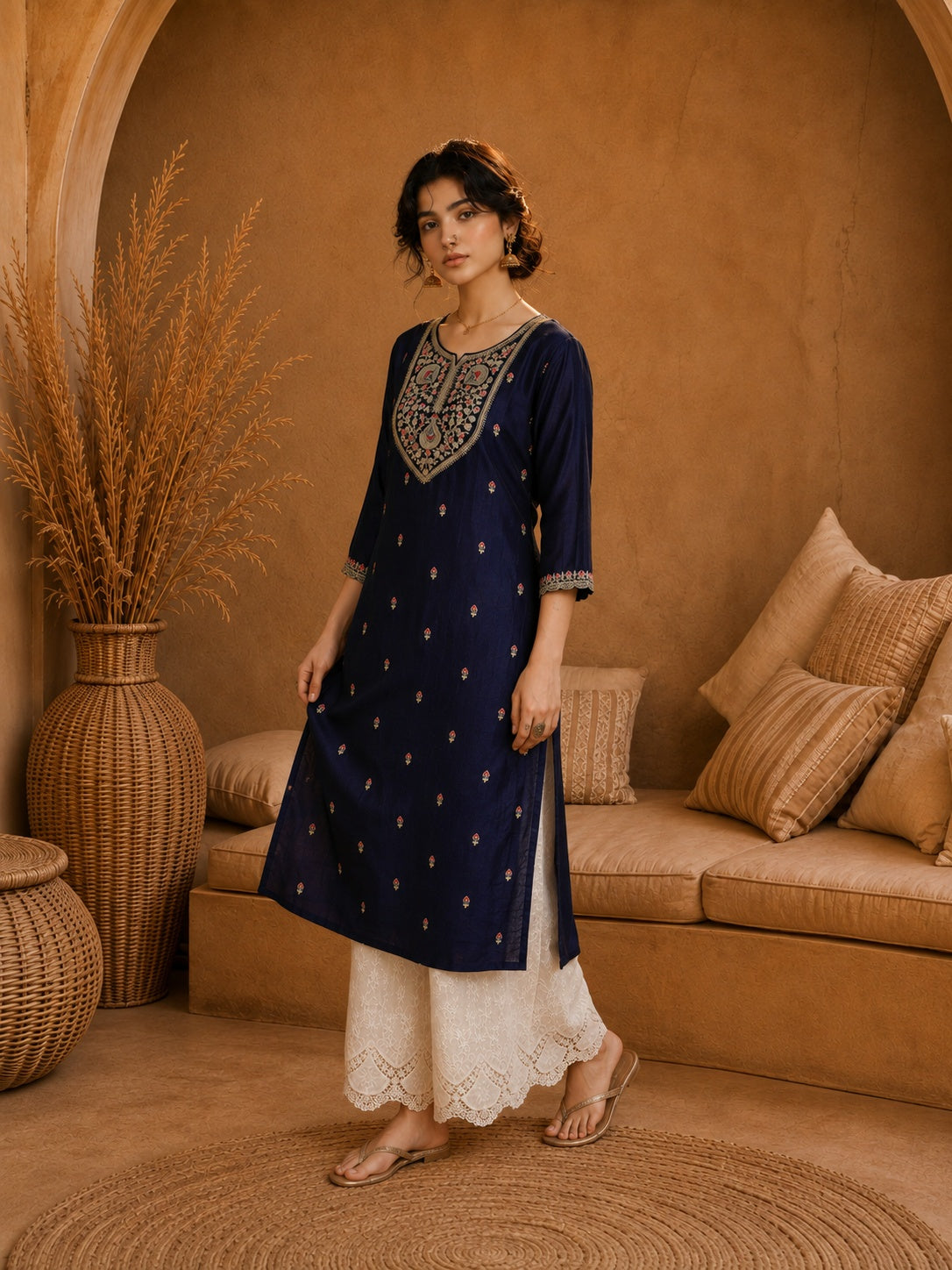 Blue Heritage Zari Yoke Silk Kurta