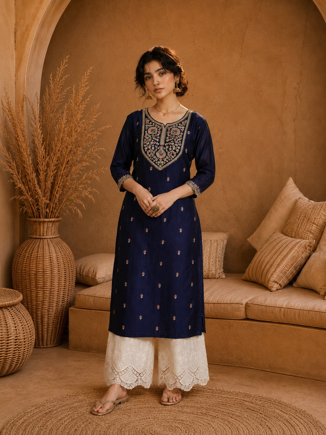 Blue Heritage Zari Yoke Silk Kurta