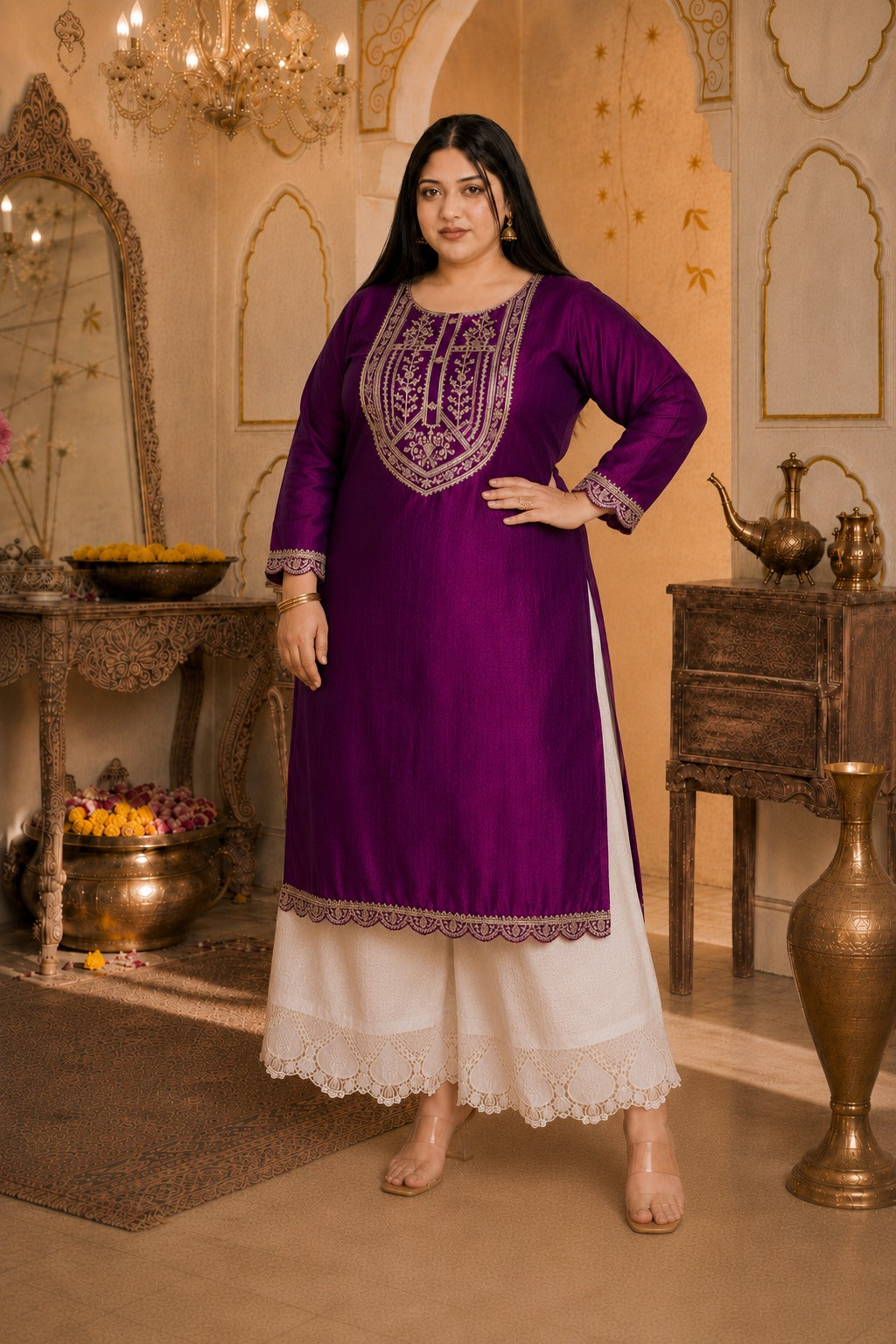 Purple Big-Button Full-Sleeve Vichitra Silk Kurta