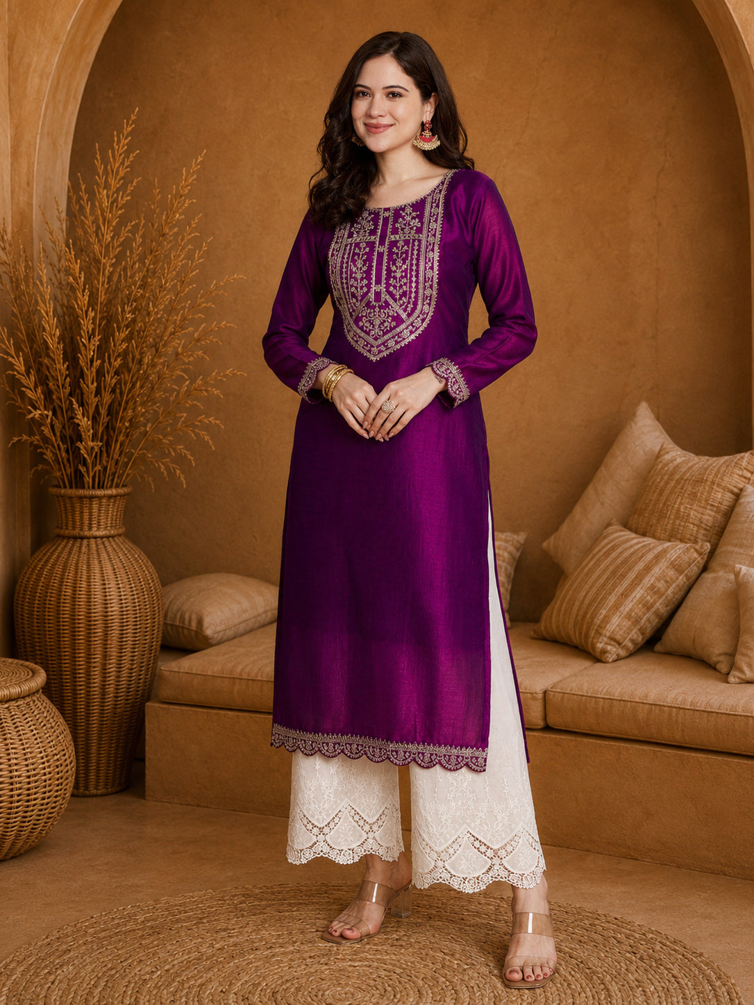 Purple-Yoke Full-Sleeve Vichitra Silk Kurta