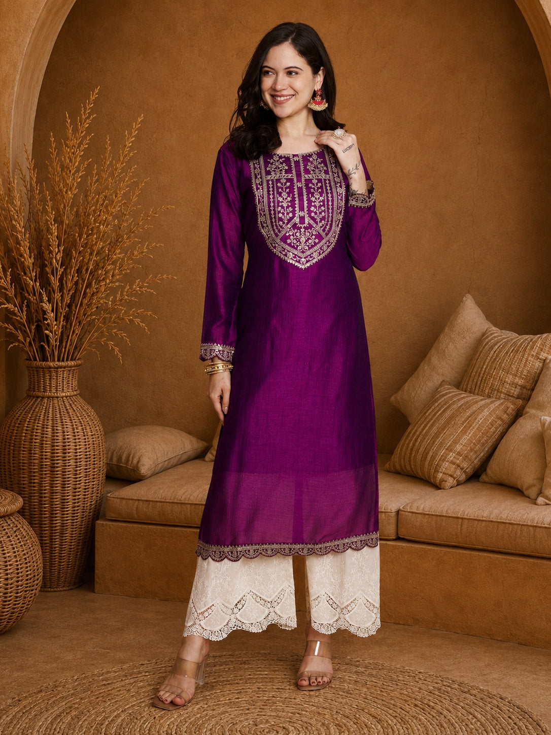 Purple-Yoke Full-Sleeve Vichitra Silk Kurta