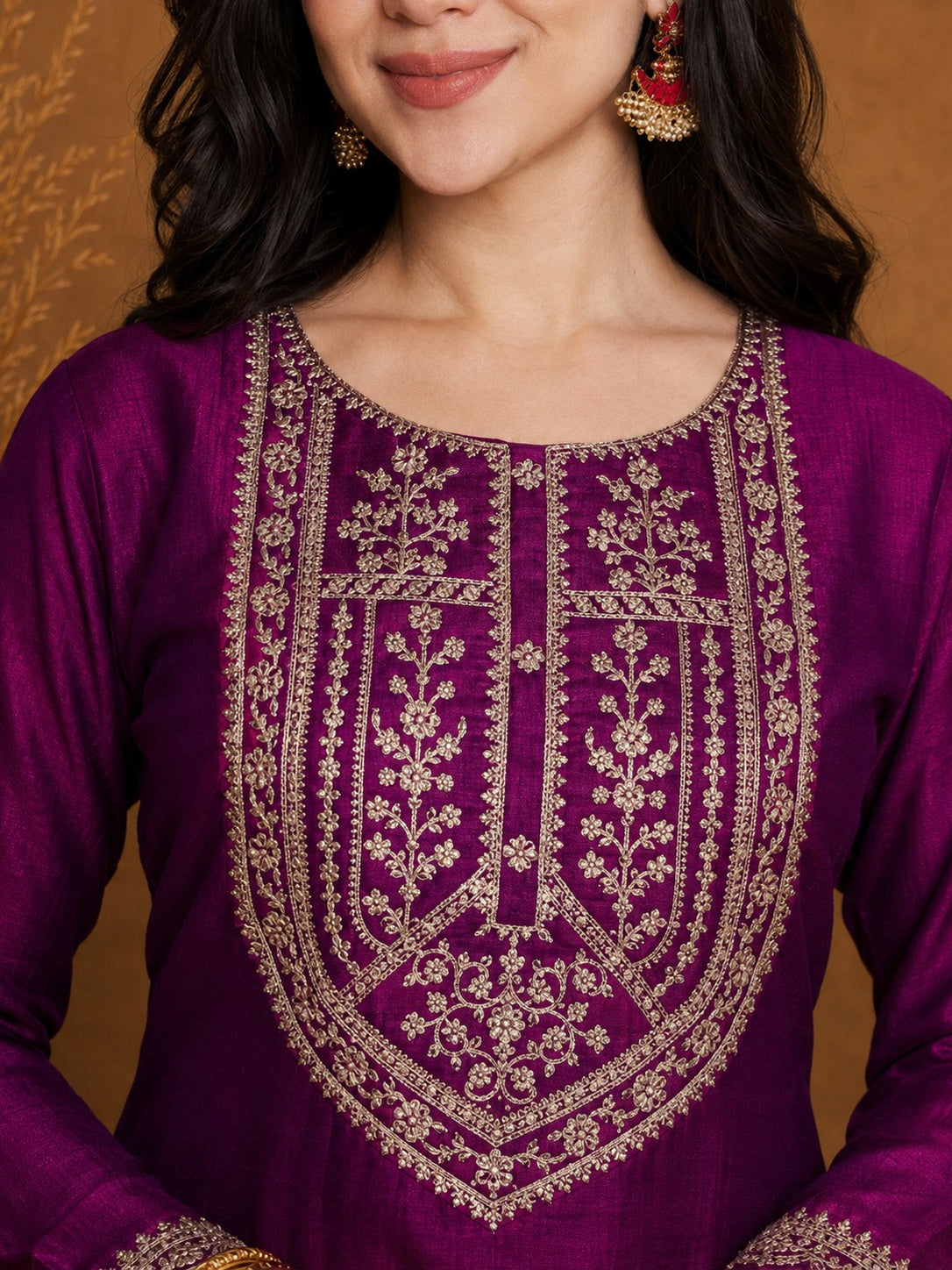 Purple-Yoke Full-Sleeve Vichitra Silk Kurta