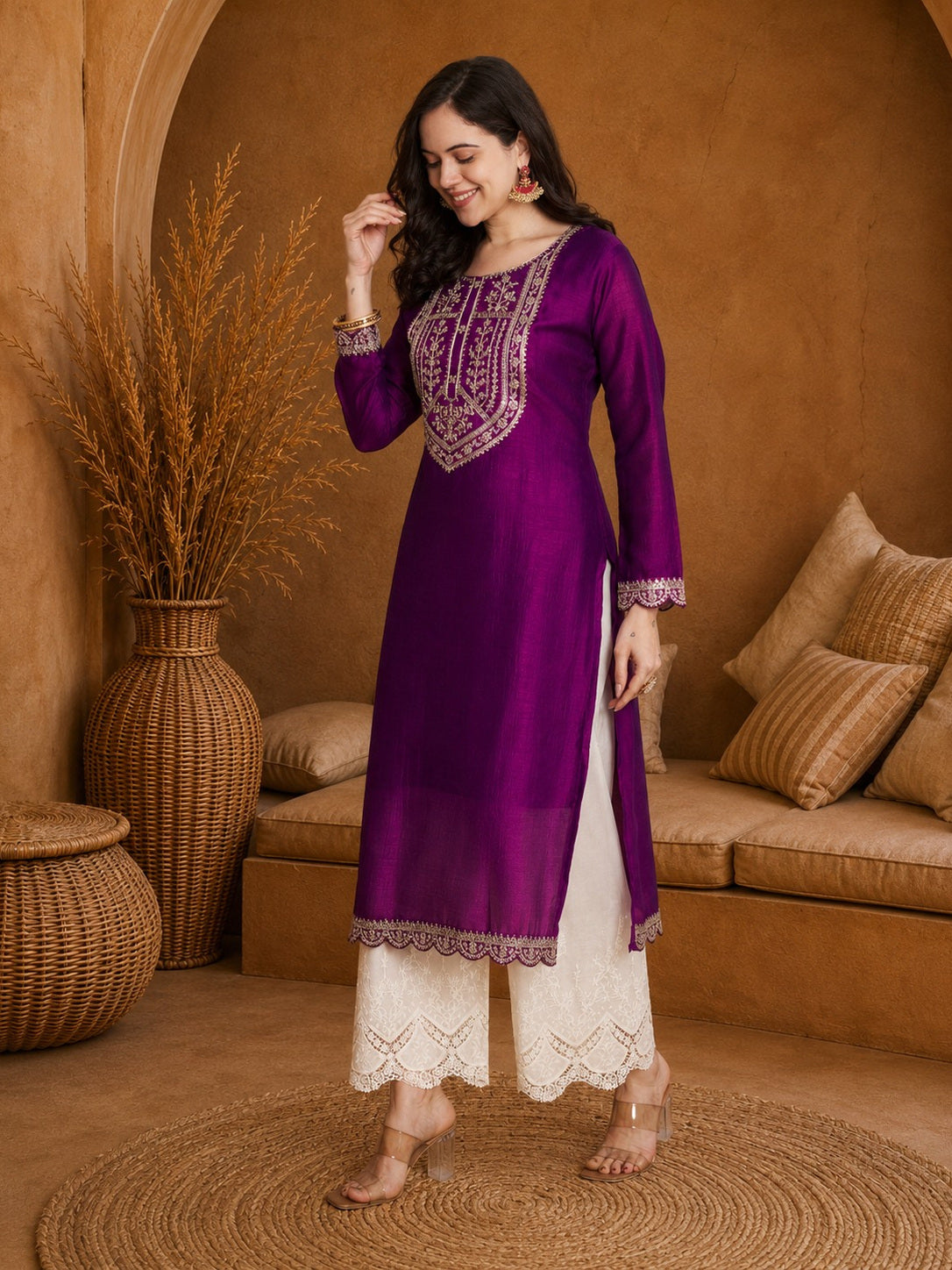 Purple-Yoke Full-Sleeve Vichitra Silk Kurta