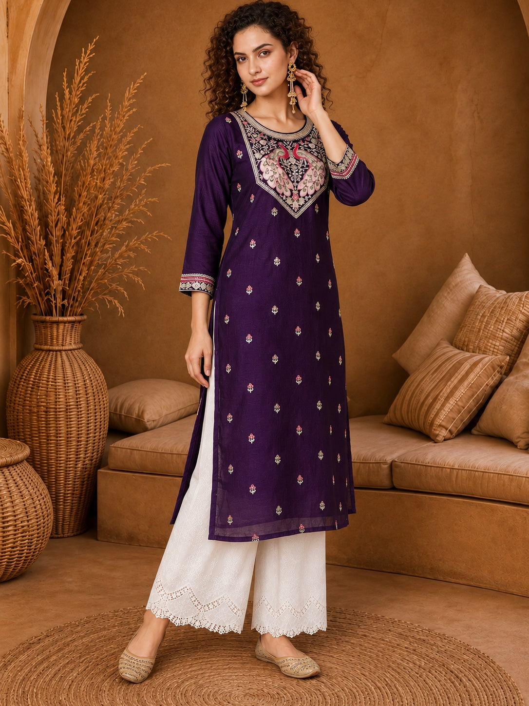 Purple Twin Peacock Zari Embroidered Silk Kurta