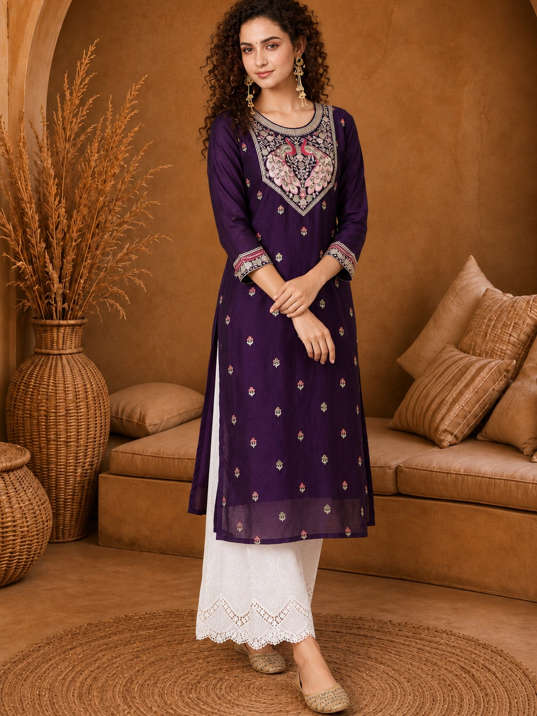 Purple Twin Peacock Zari Embroidered Silk Kurta