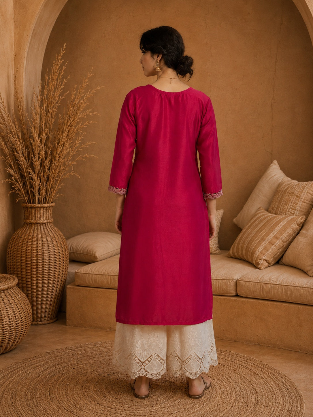 Rani Pink Heritage Zari Yoke Silk Kurta