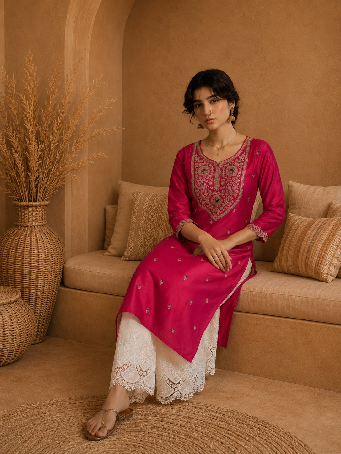 Rani Pink Heritage Zari Yoke Silk Kurta