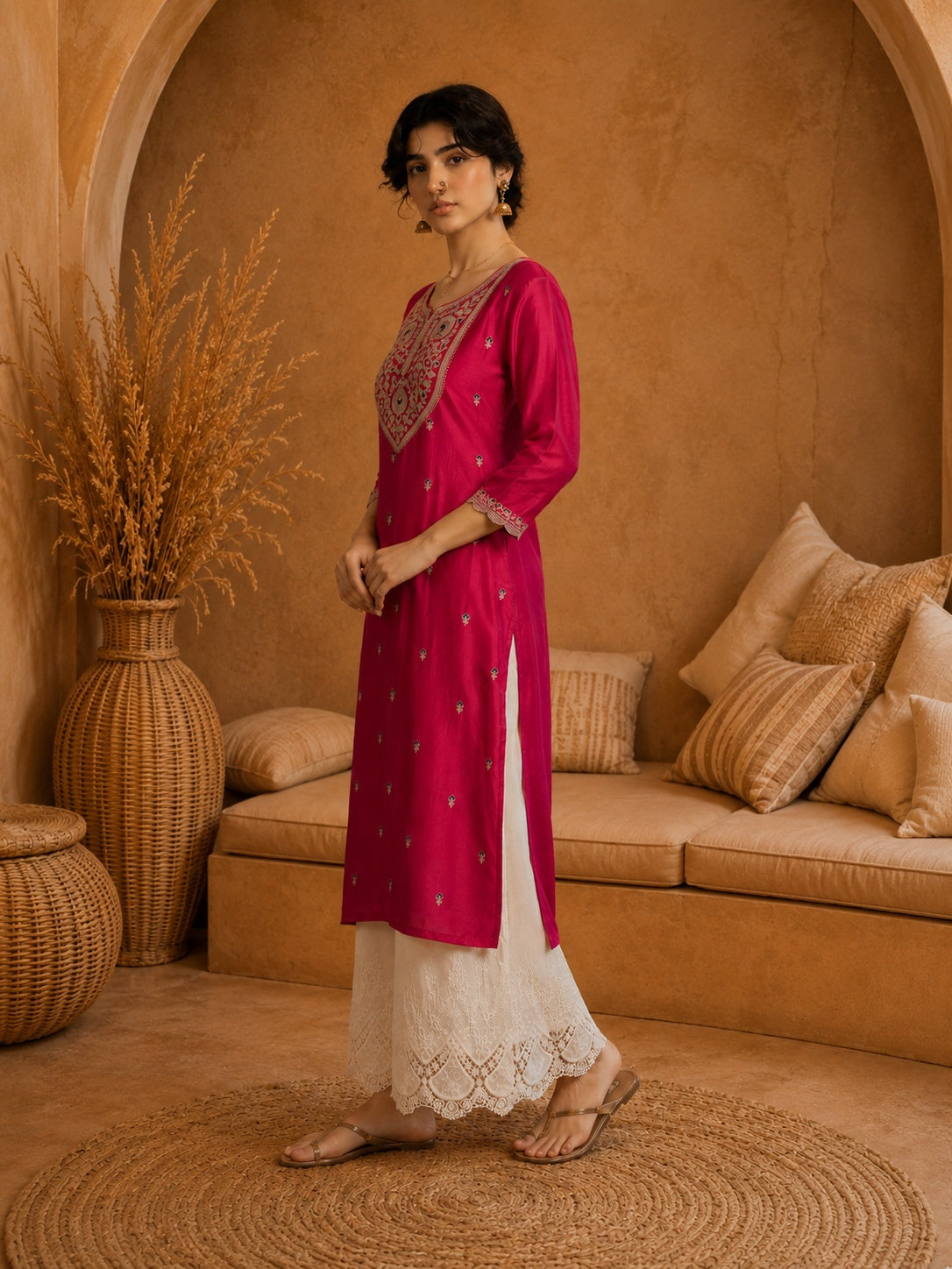 Rani Pink Heritage Zari Yoke Silk Kurta