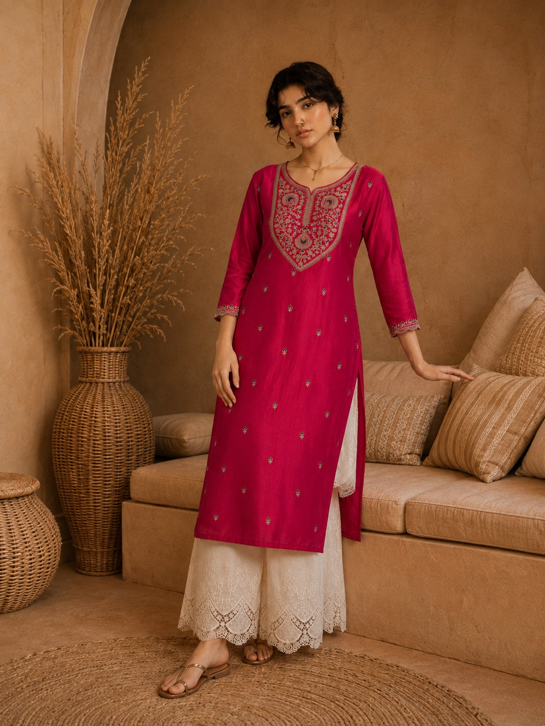 Rani Pink Heritage Zari Yoke Silk Kurta