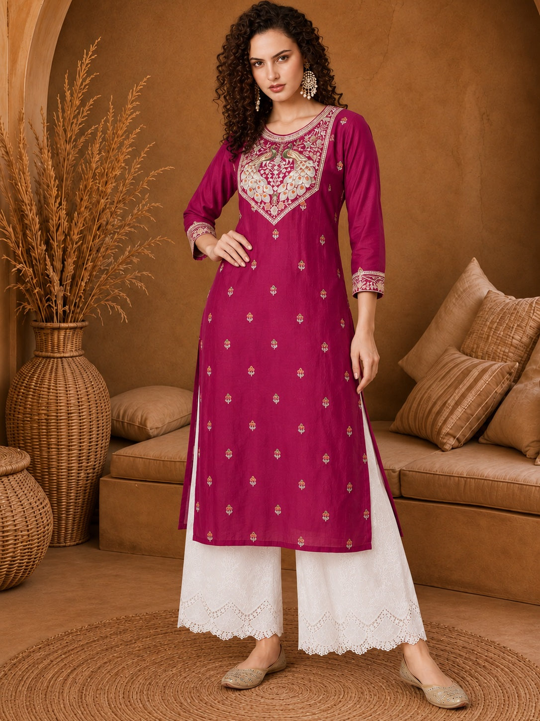 Rani Pink Twin Peacock Zari Embroidered Silk Kurta