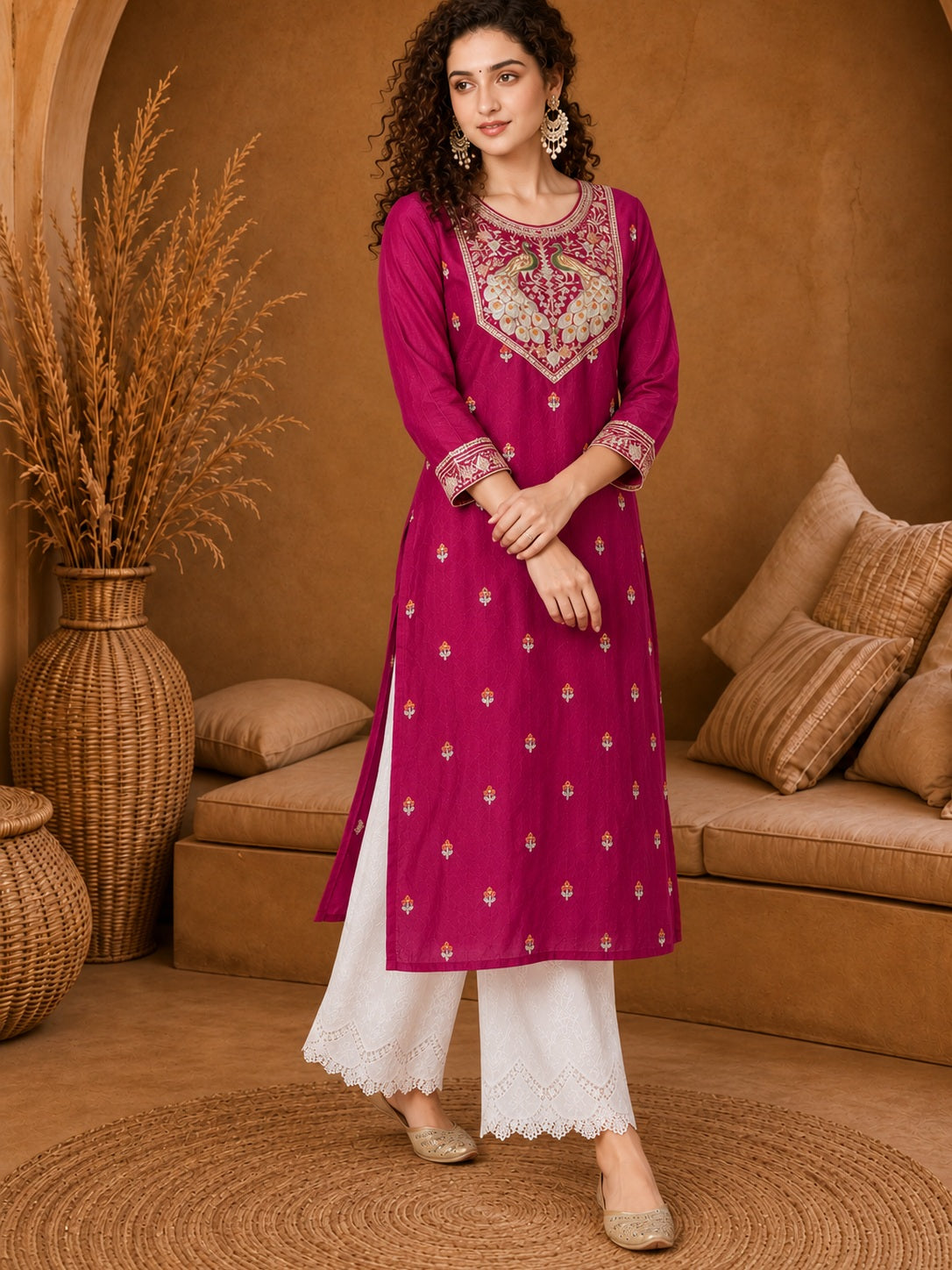 Rani Pink Twin Peacock Zari Embroidered Silk Kurta