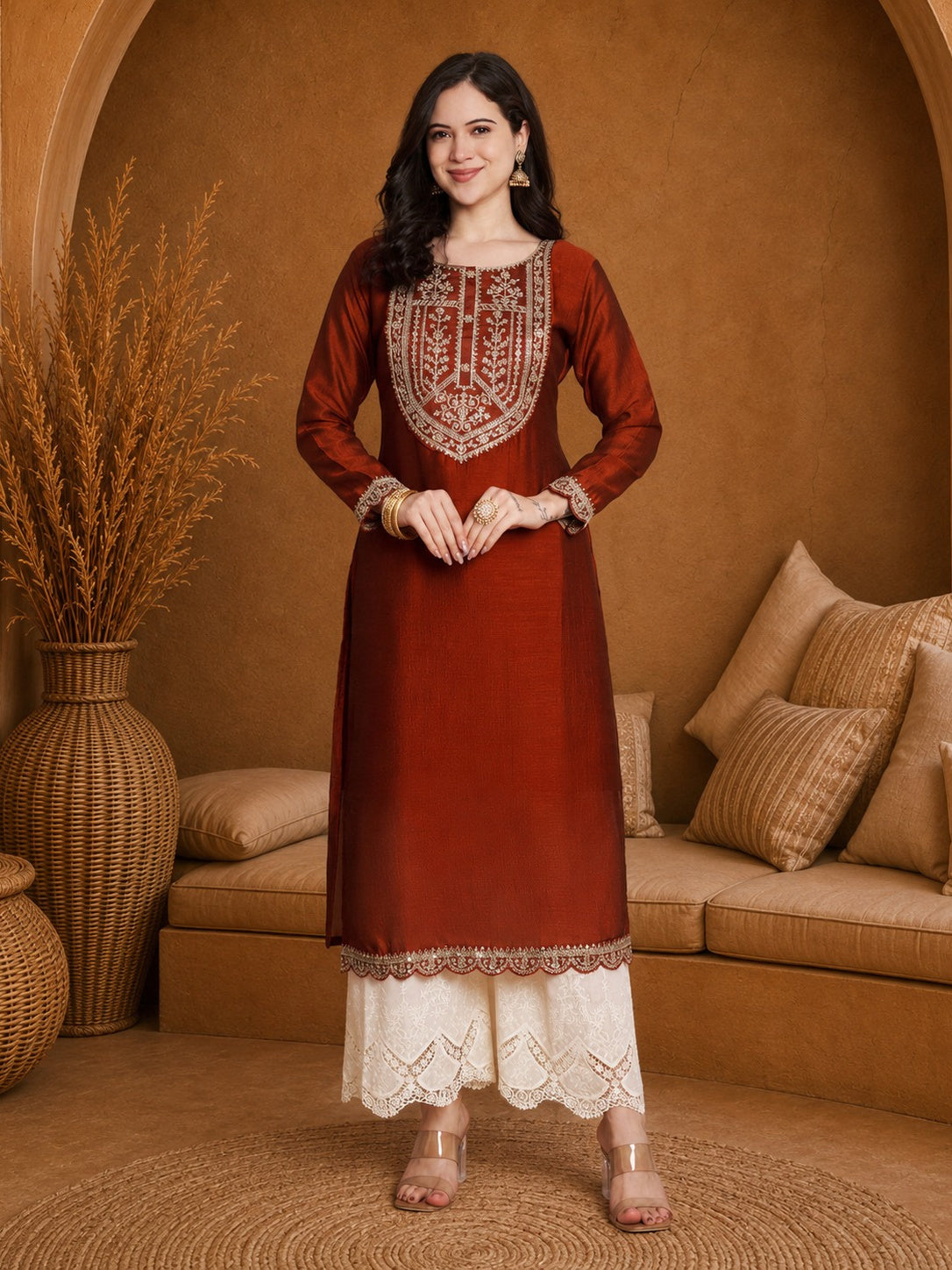 Rust-Yoke Full-Sleeve Vichitra Silk Kurta