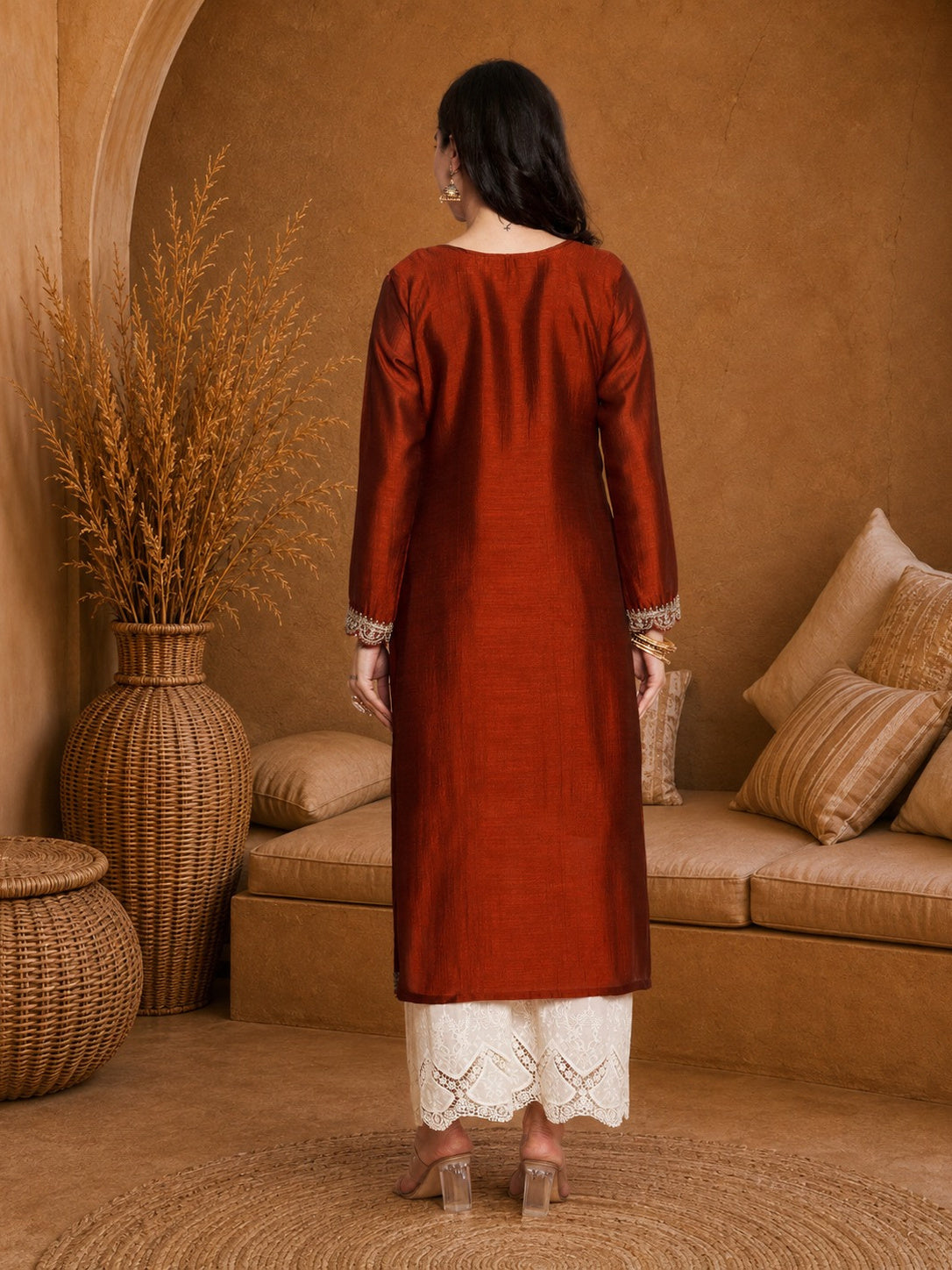 Rust-Yoke Full-Sleeve Vichitra Silk Kurta
