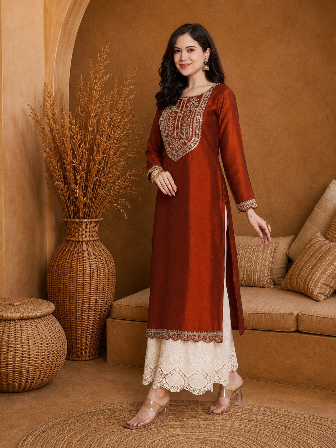 Rust-Yoke Full-Sleeve Vichitra Silk Kurta