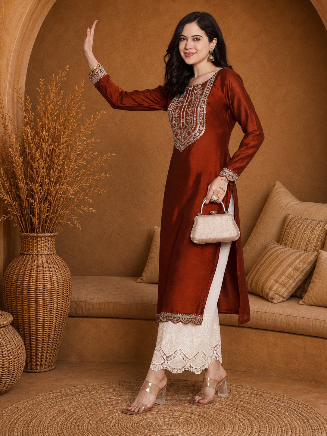 Rust-Yoke Full-Sleeve Vichitra Silk Kurta
