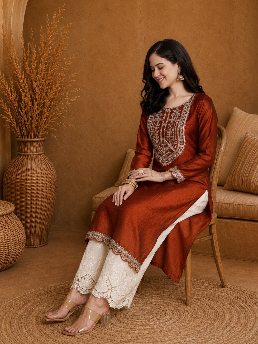 Rust-Yoke Full-Sleeve Vichitra Silk Kurta
