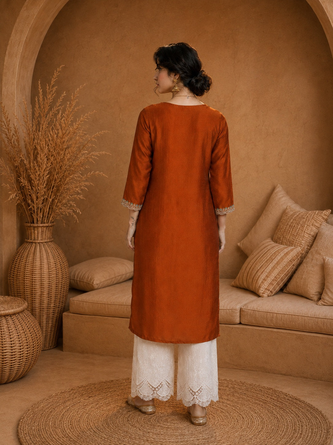 Rust Heritage Zari Yoke Silk Kurta