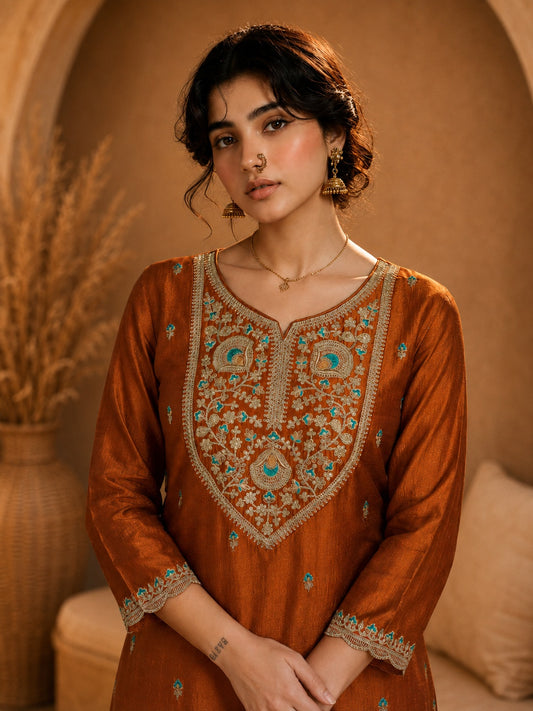 Rust Heritage Zari Yoke Silk Kurta