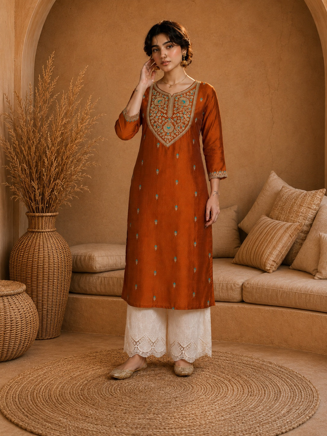 Rust Heritage Zari Yoke Silk Kurta