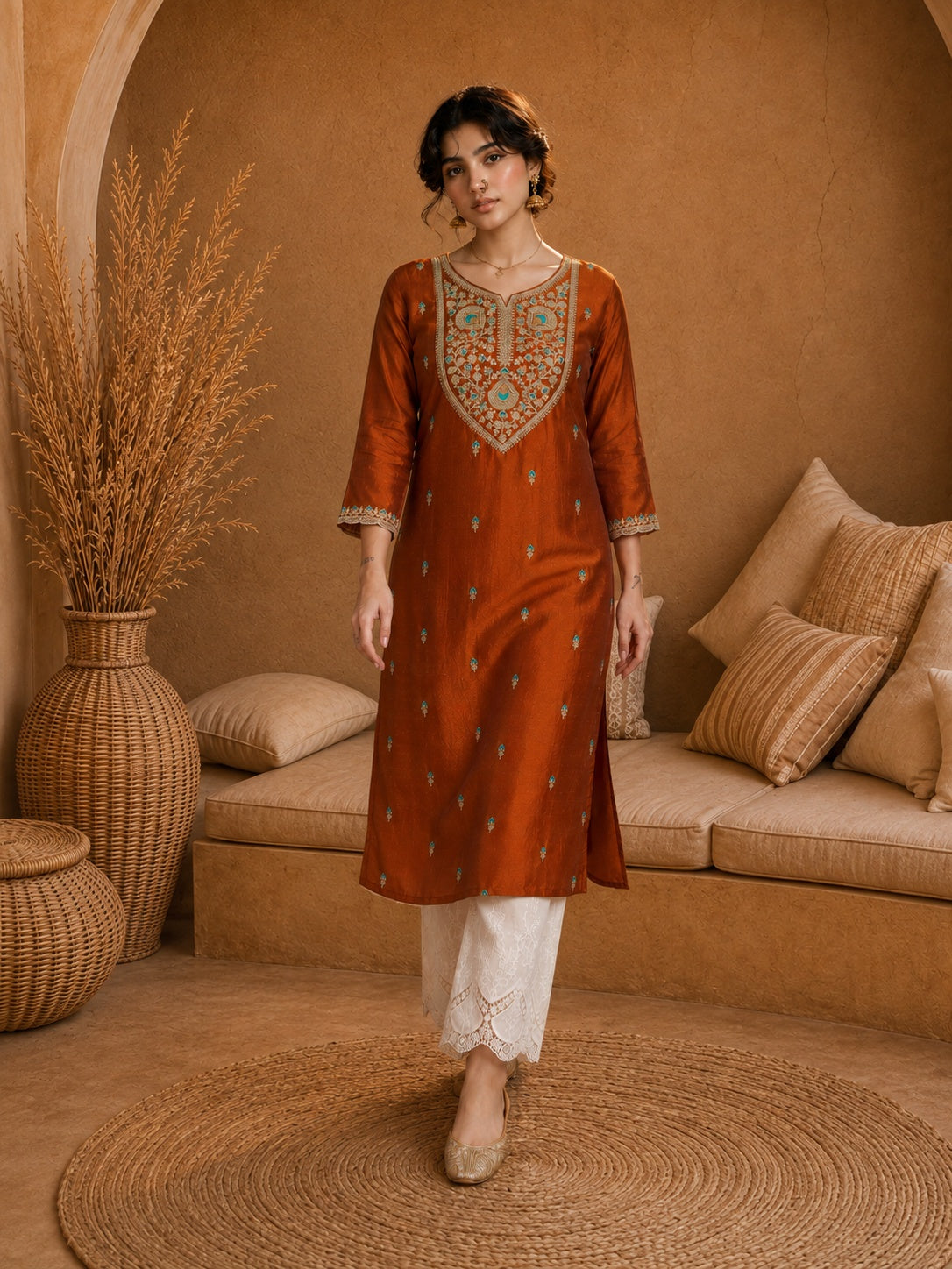 Rust Heritage Zari Yoke Silk Kurta