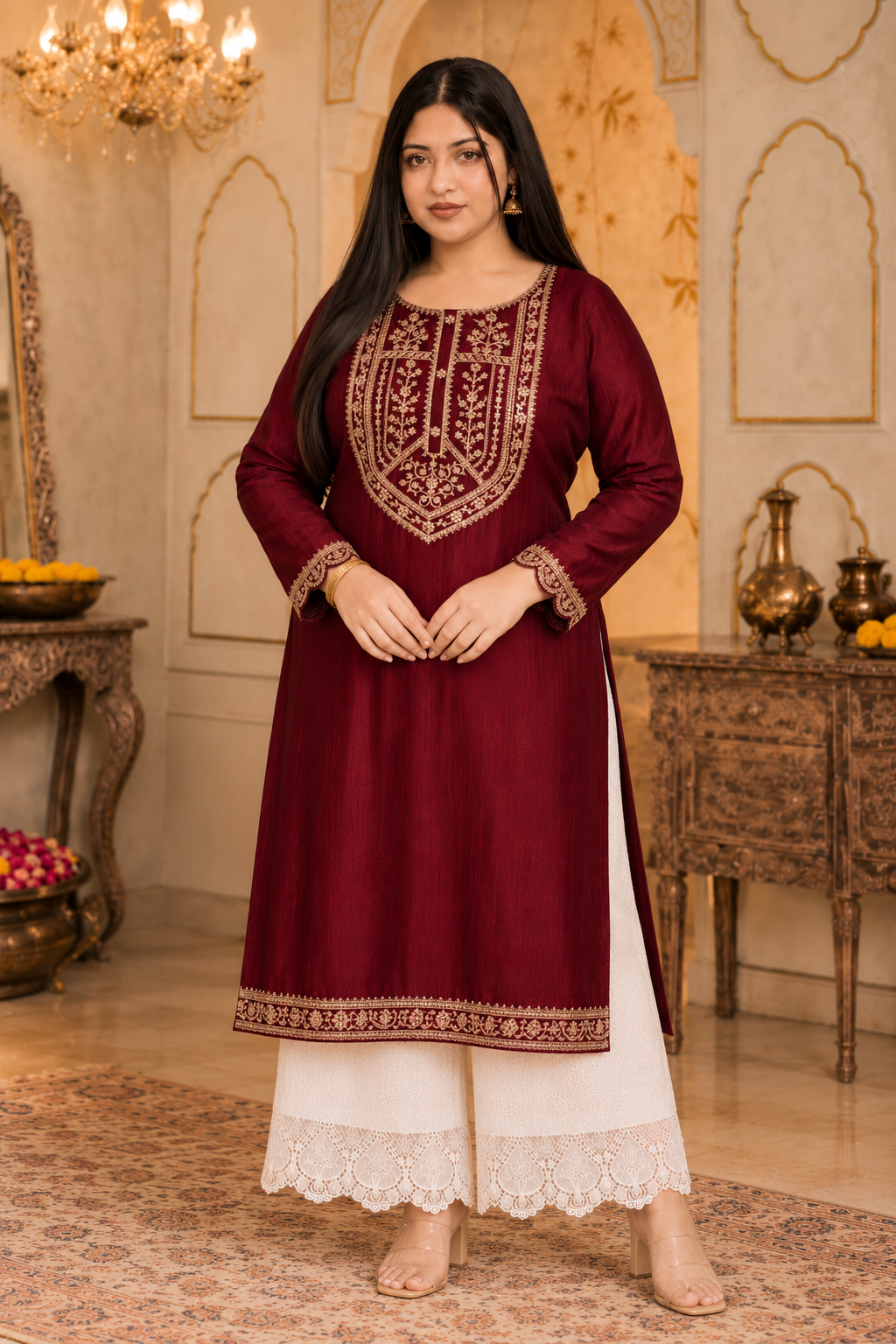Maroon Big-Button Full-Sleeve Vichitra Silk Kurta