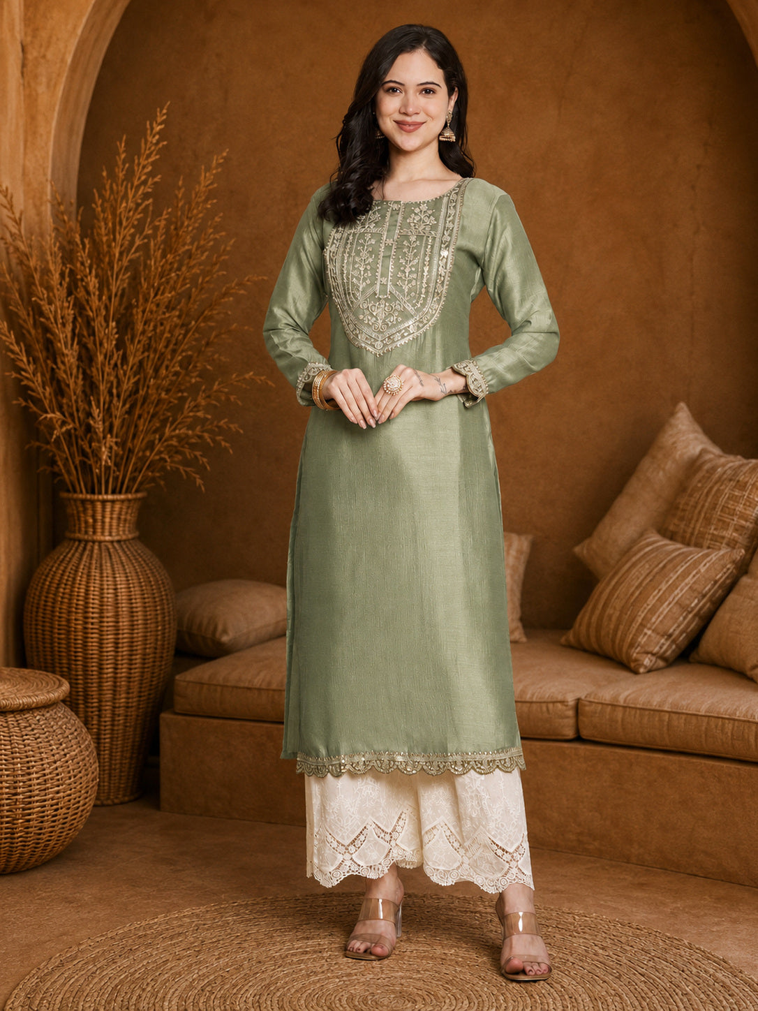 Pista-Yoke Full-Sleeve Vichitra Silk Kurta