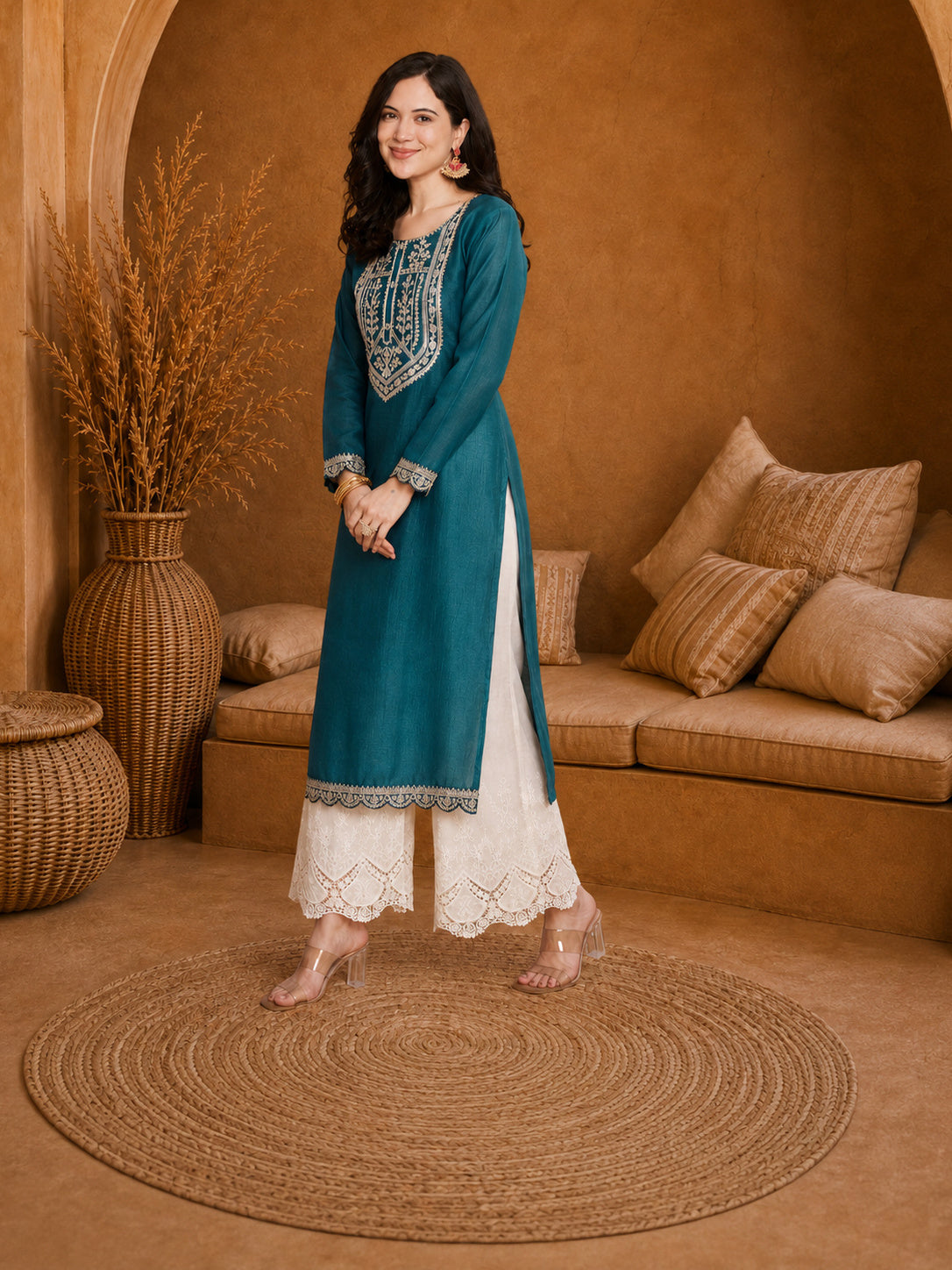 Teal-Yoke Full-Sleeve Vichitra Silk Kurta