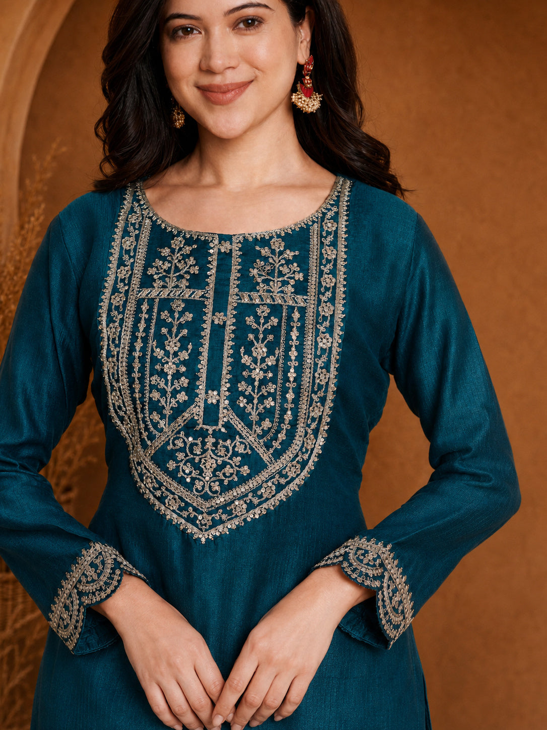 Teal-Yoke Full-Sleeve Vichitra Silk Kurta