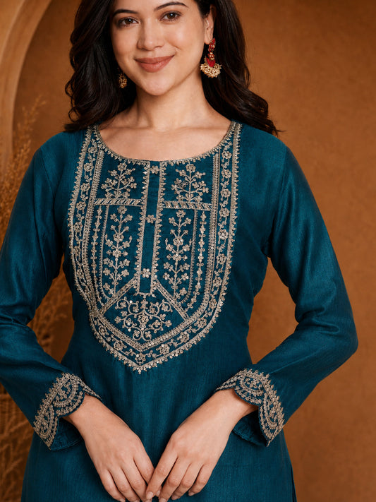 Teal-Yoke Full-Sleeve Vichitra Silk Kurta