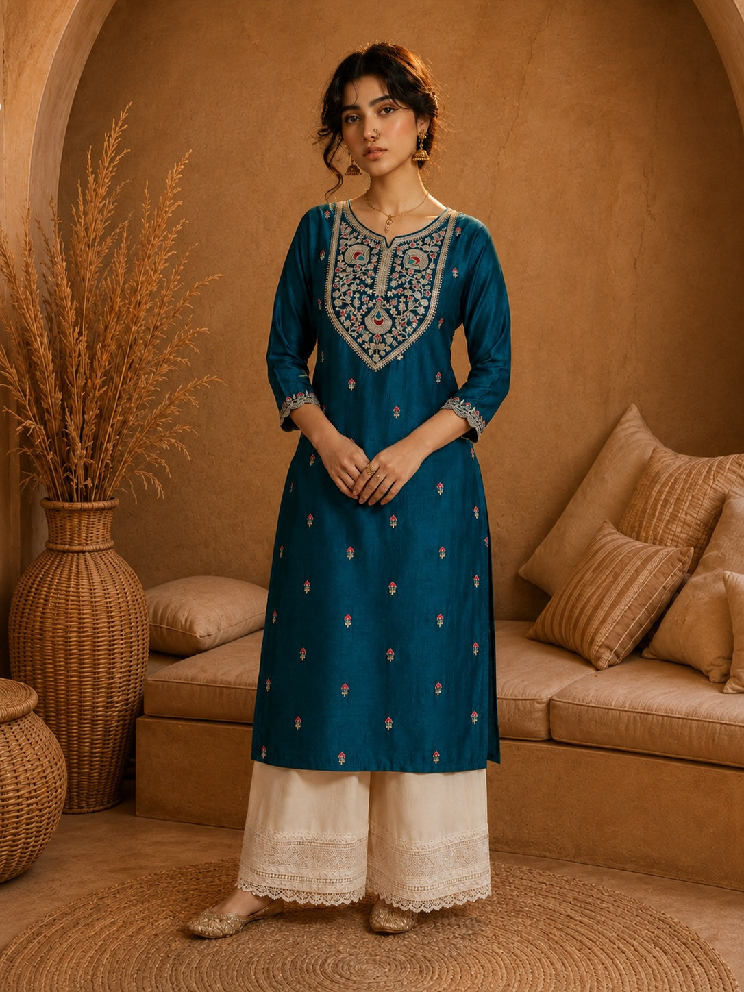 Teal Heritage Zari Yoke Silk Kurta