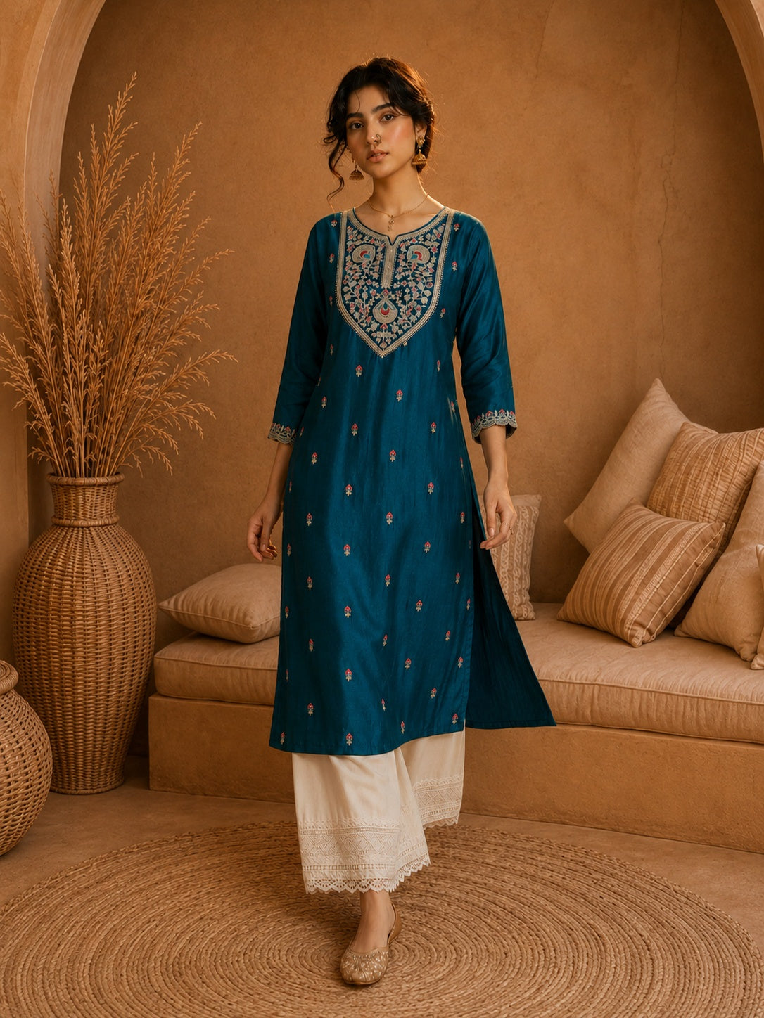 Teal Heritage Zari Yoke Silk Kurta