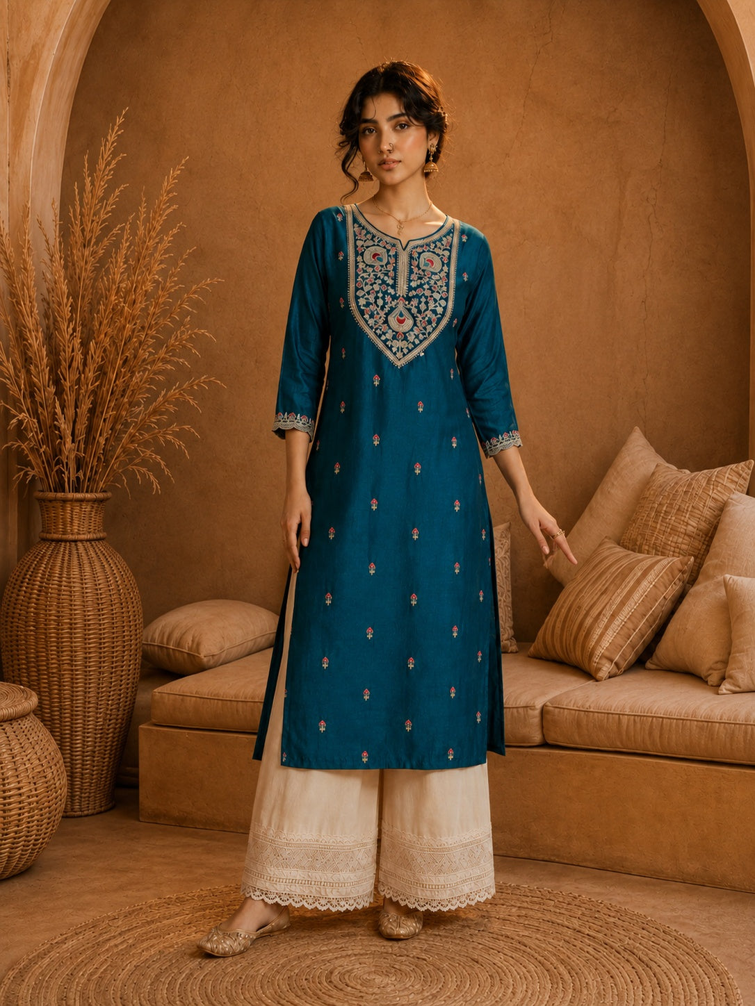 Teal Heritage Zari Yoke Silk Kurta