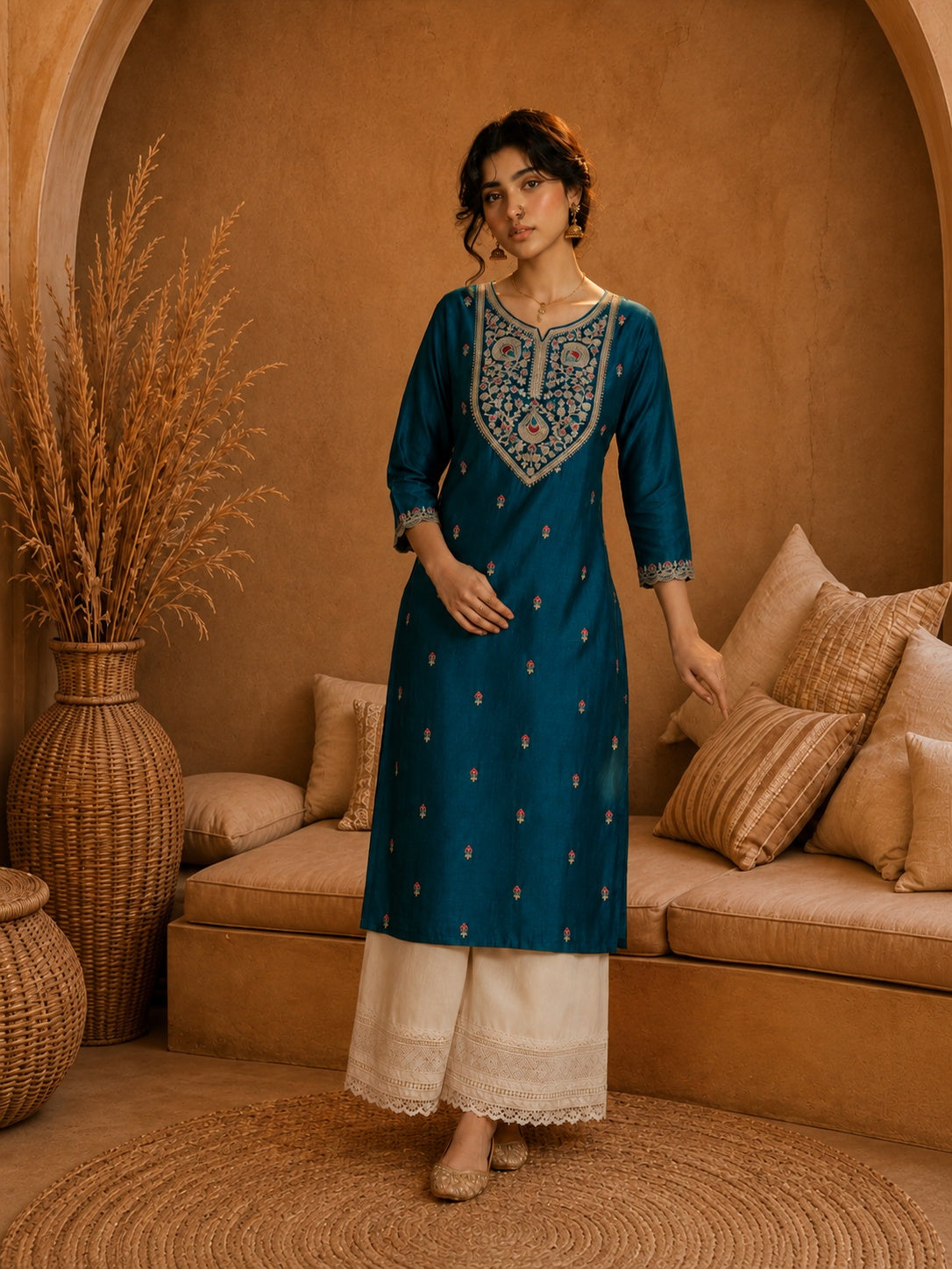 Teal Heritage Zari Yoke Silk Kurta