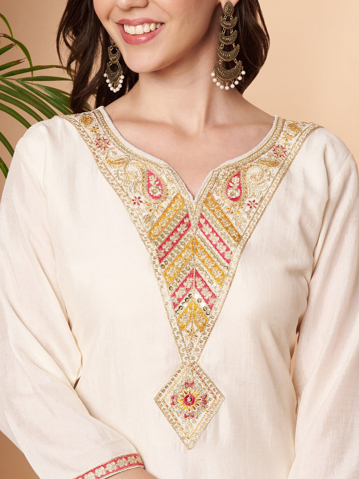 Off white Arrow Embroidered Straight Silk Kurta
