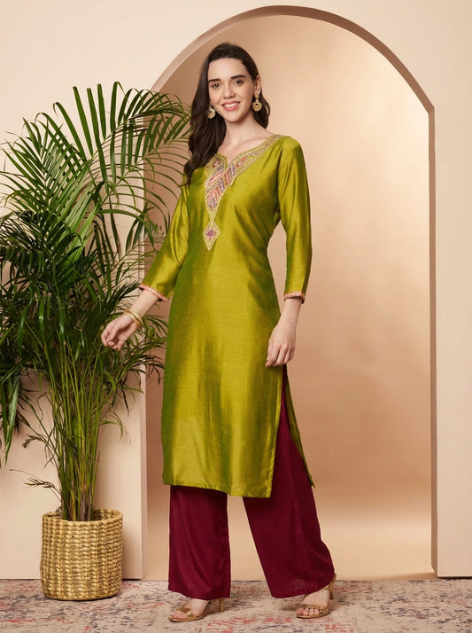 Arrow Embroidered Straight Silk Kurta