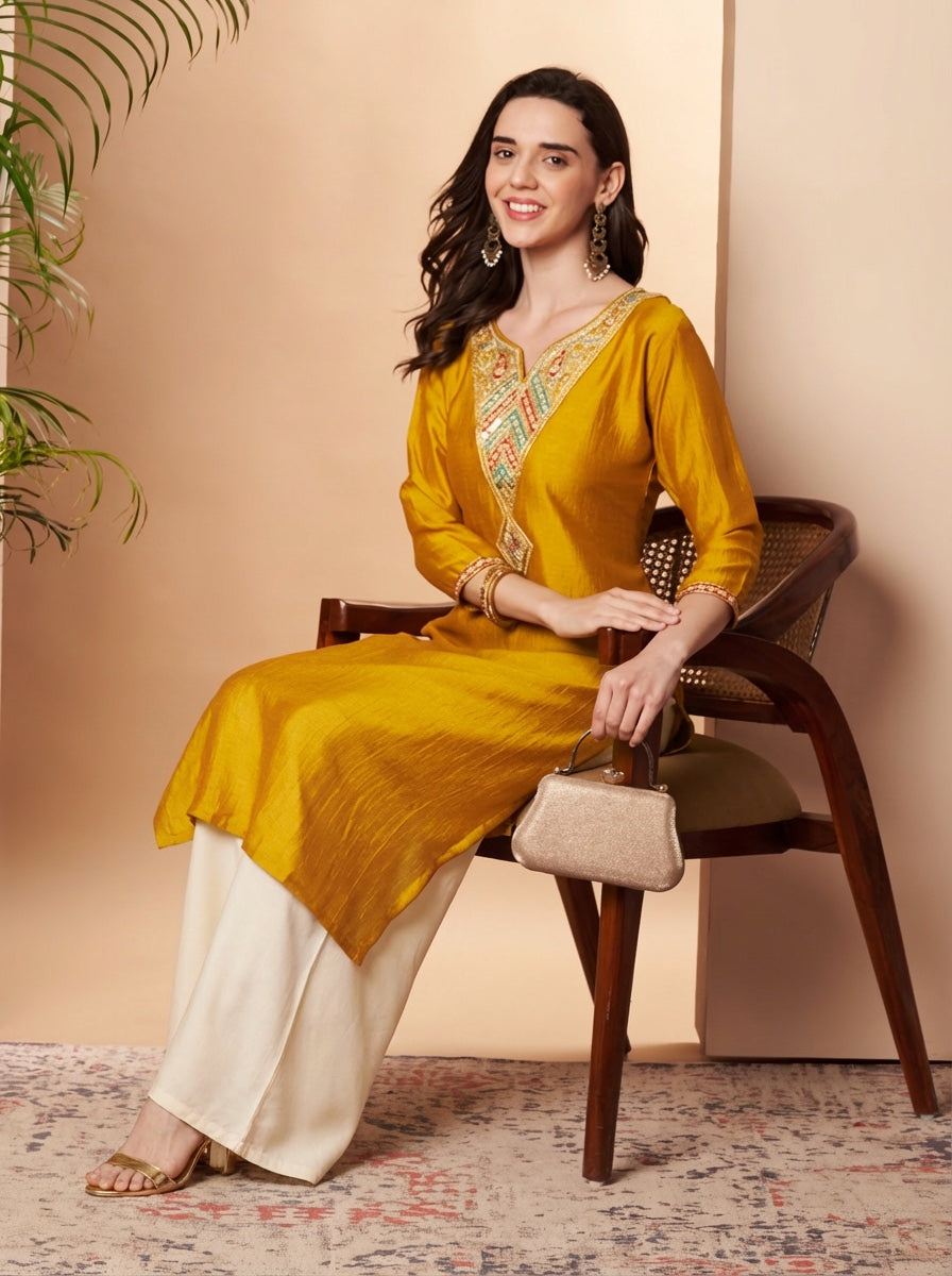 Yellow Arrow Embroidered Straight Silk Kurta