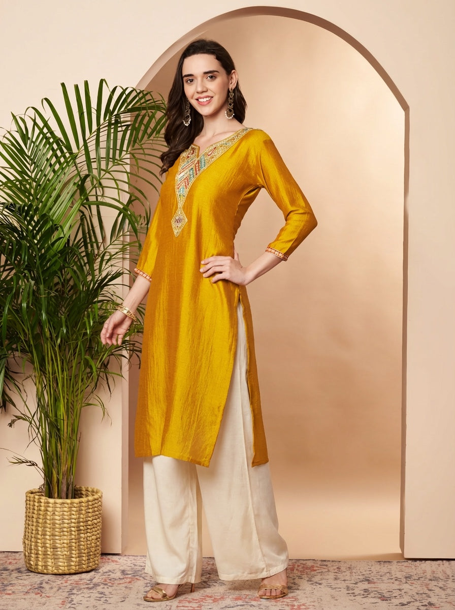 Yellow Arrow Embroidered Straight Silk Kurta