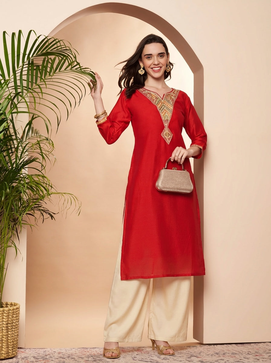 Red Arrow Embroidered Straight Silk Kurta