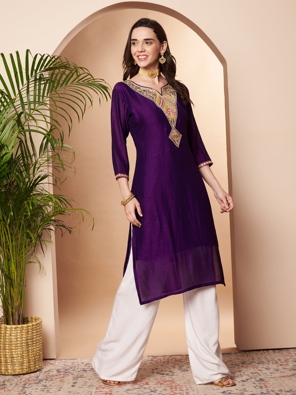 Purple Arrow Embroidered Straight Silk Kurta