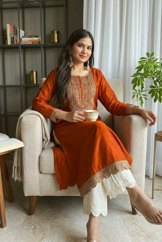 Orange Ujala Embroidered Art Silk Kurta