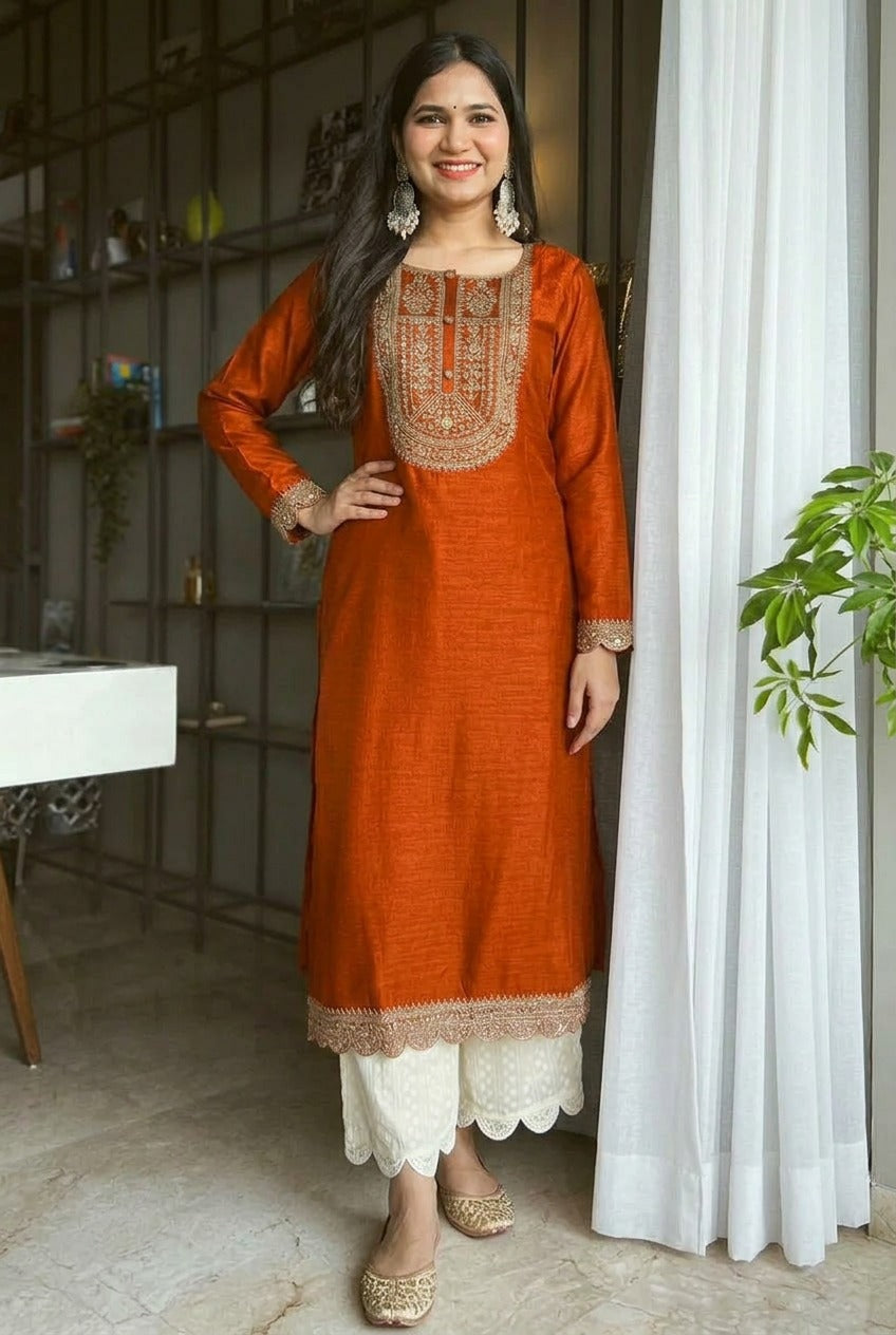 Orange Ujala Embroidered Art Silk Kurta