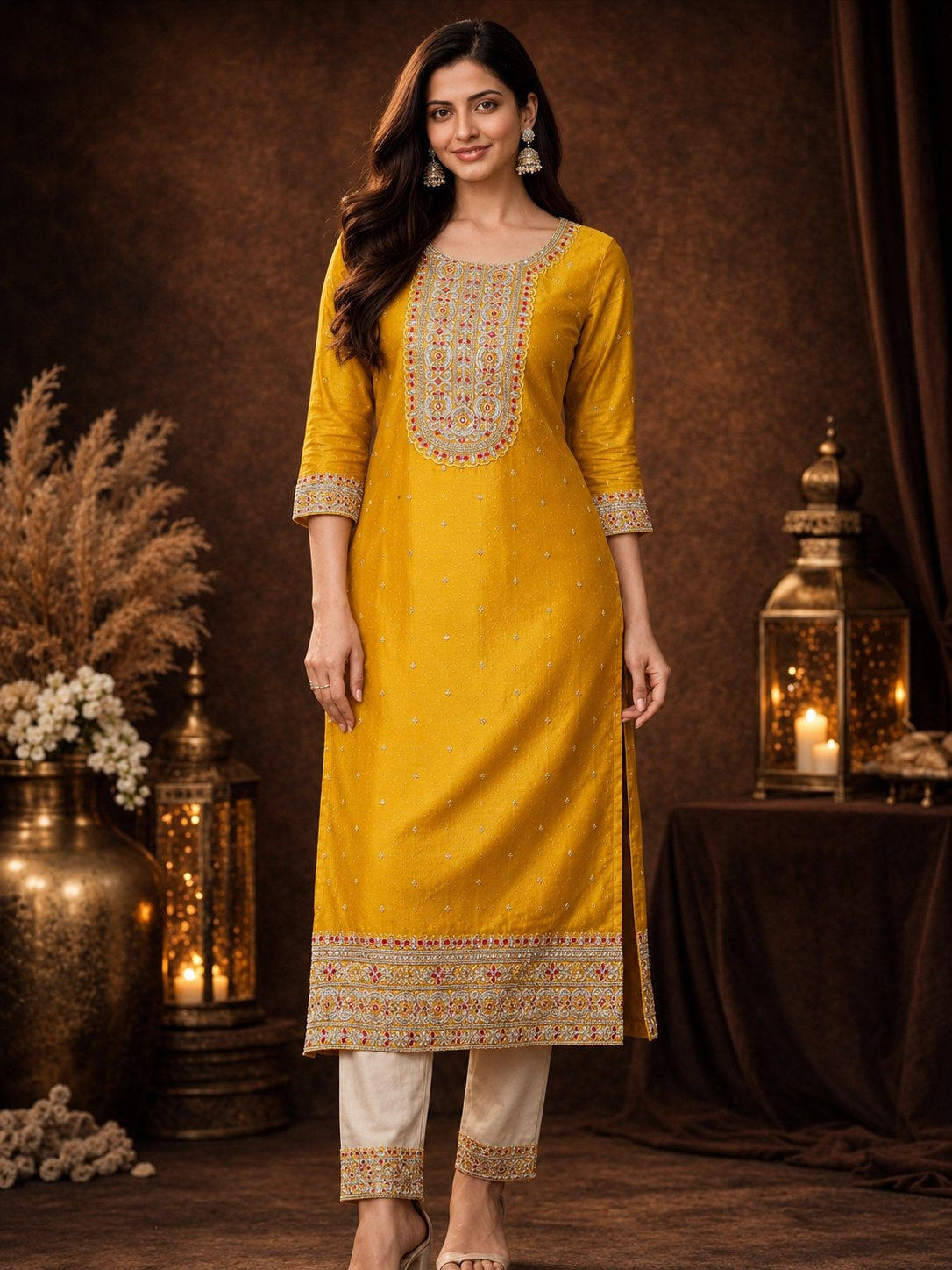 Mustard Beam Embroidered Art Silk Kurta
