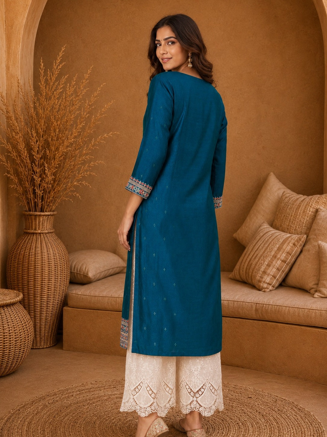 Teal-Beam-Premium-Embroidery Kurta