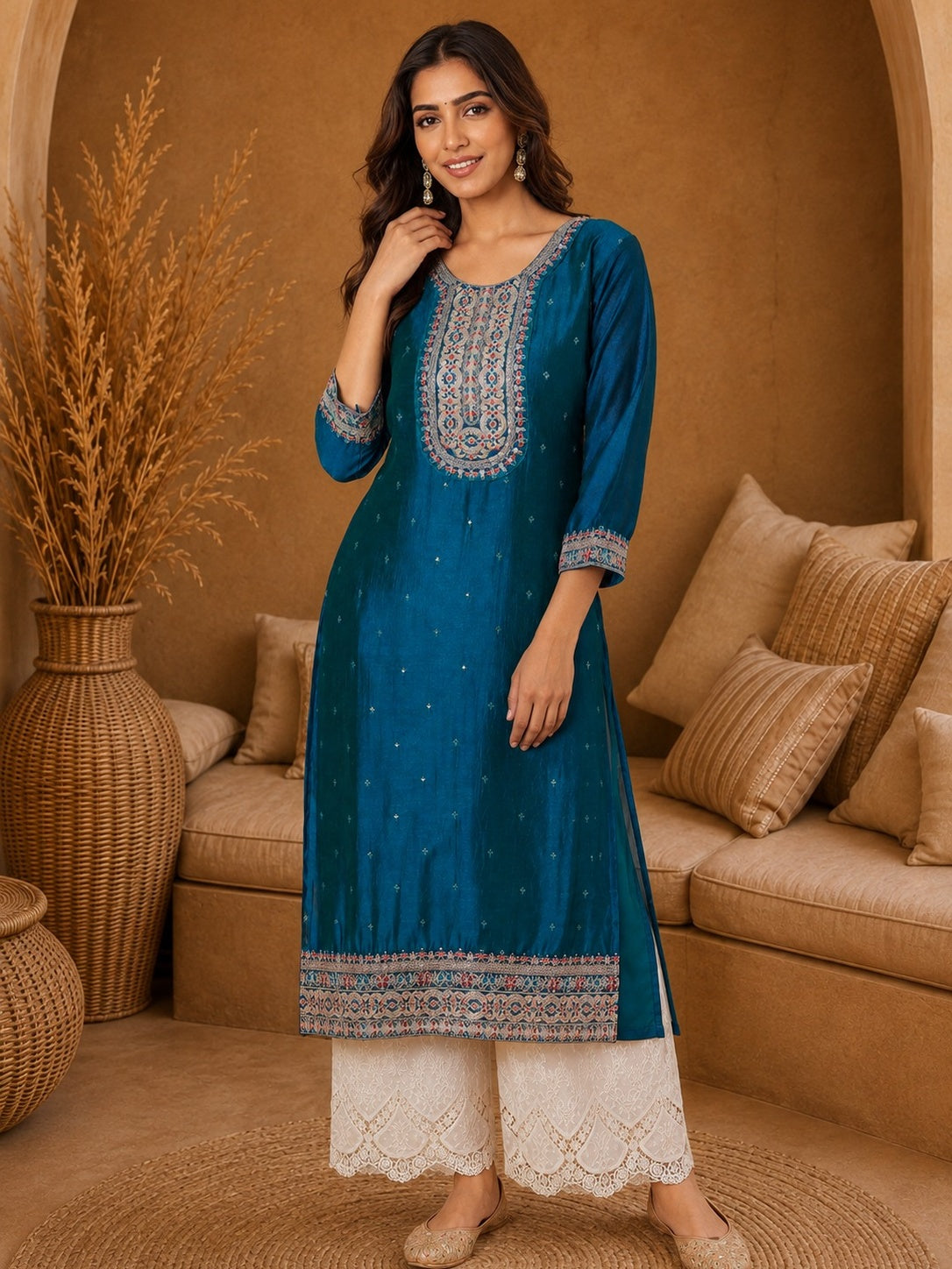 Teal-Beam-Premium-Embroidery Kurta