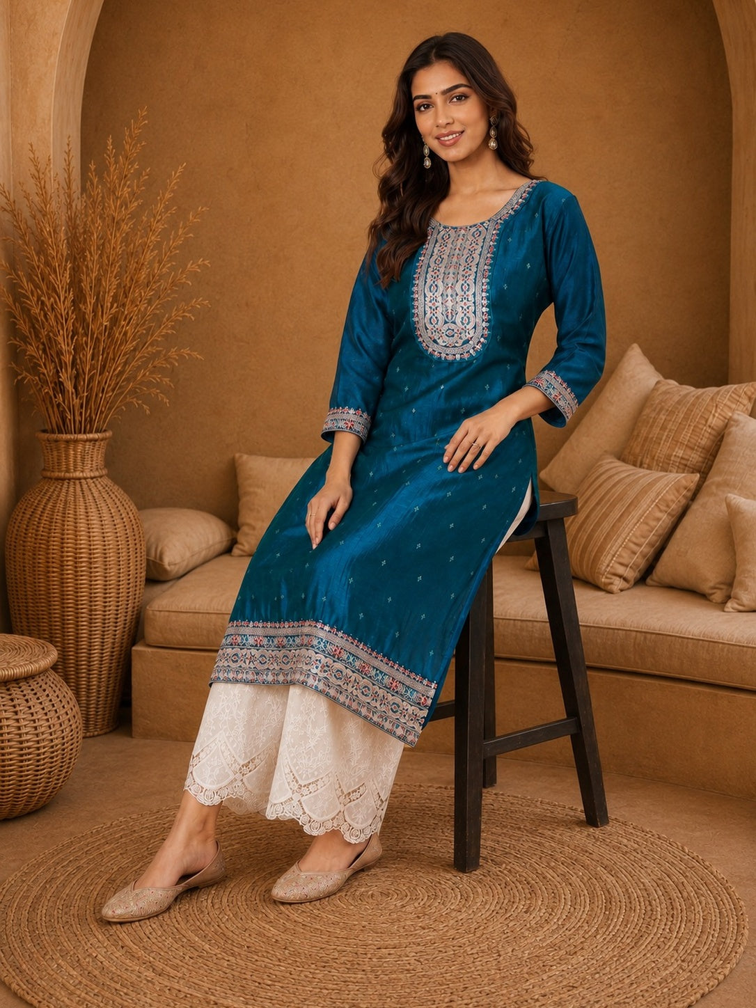 Teal-Beam-Premium-Embroidery Kurta